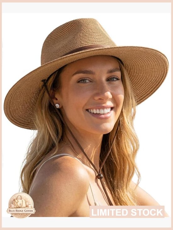 Wide Brim Straw Sun Hat with Wind Lanyard UPF 80+ Unisex Panama